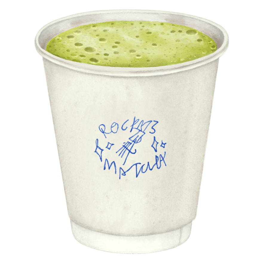 ポップアップカフェ「Rocky’s Matcha at 701」 ハラカド 7階 屋上イベントスペース sacai Rocky's Matcha ポップアップ限定アイテムTシャツ フーディ　抹茶　コールド